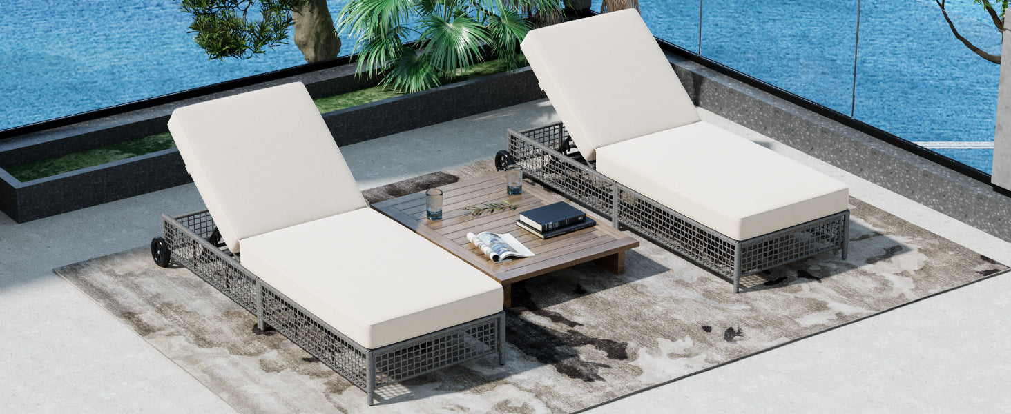 TREXM Outdoor Lounge Chair, Patio Chaise Lounge with 5-Position Backrest, Rattan Outdoor Lounge Chair with Cushion and Wheels for Poolside, Backyard, Garden (Grey+Beige)