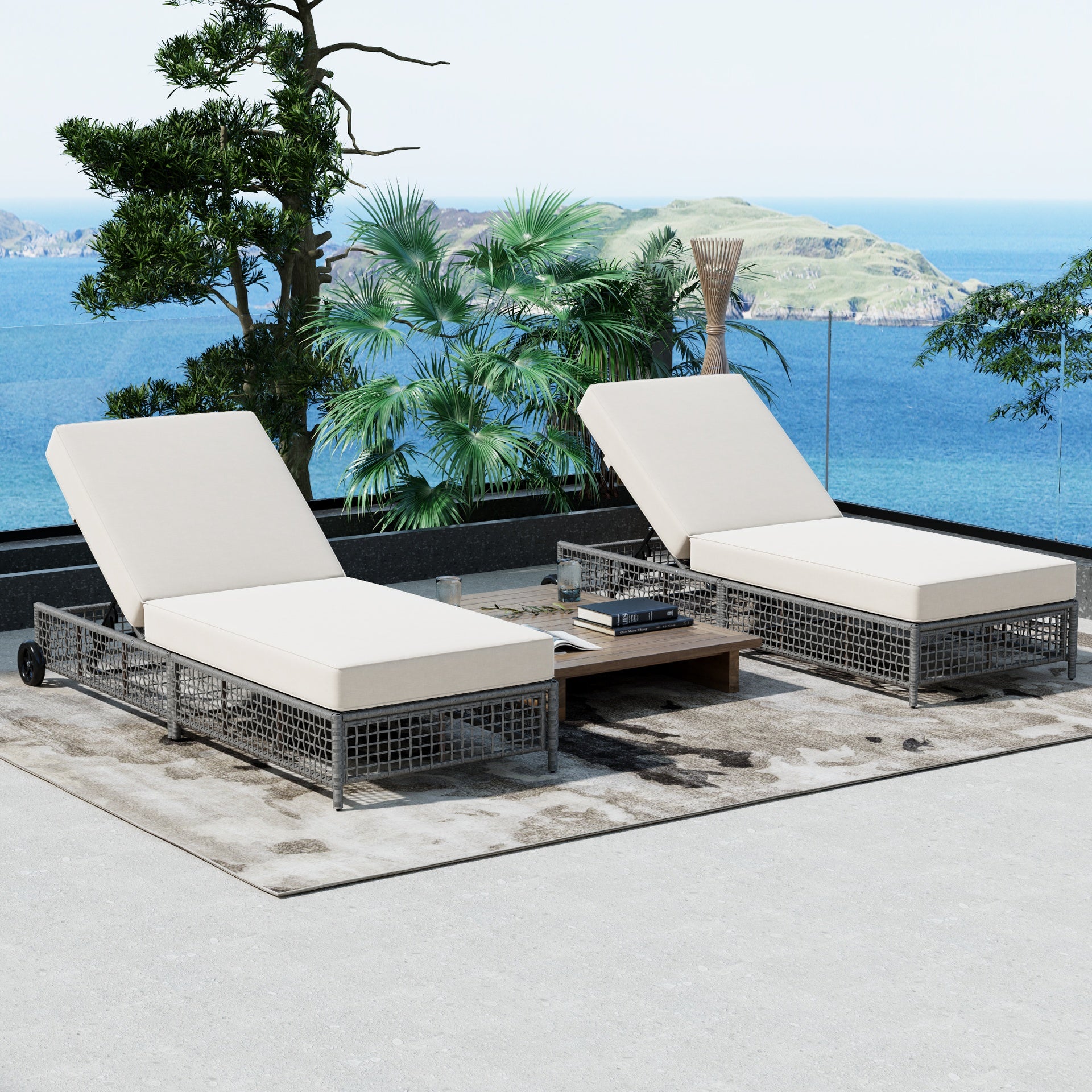 TREXM Outdoor Lounge Chair, Patio Chaise Lounge with 5-Position Backrest, Rattan Outdoor Lounge Chair with Cushion and Wheels for Poolside, Backyard, Garden (Grey+Beige)