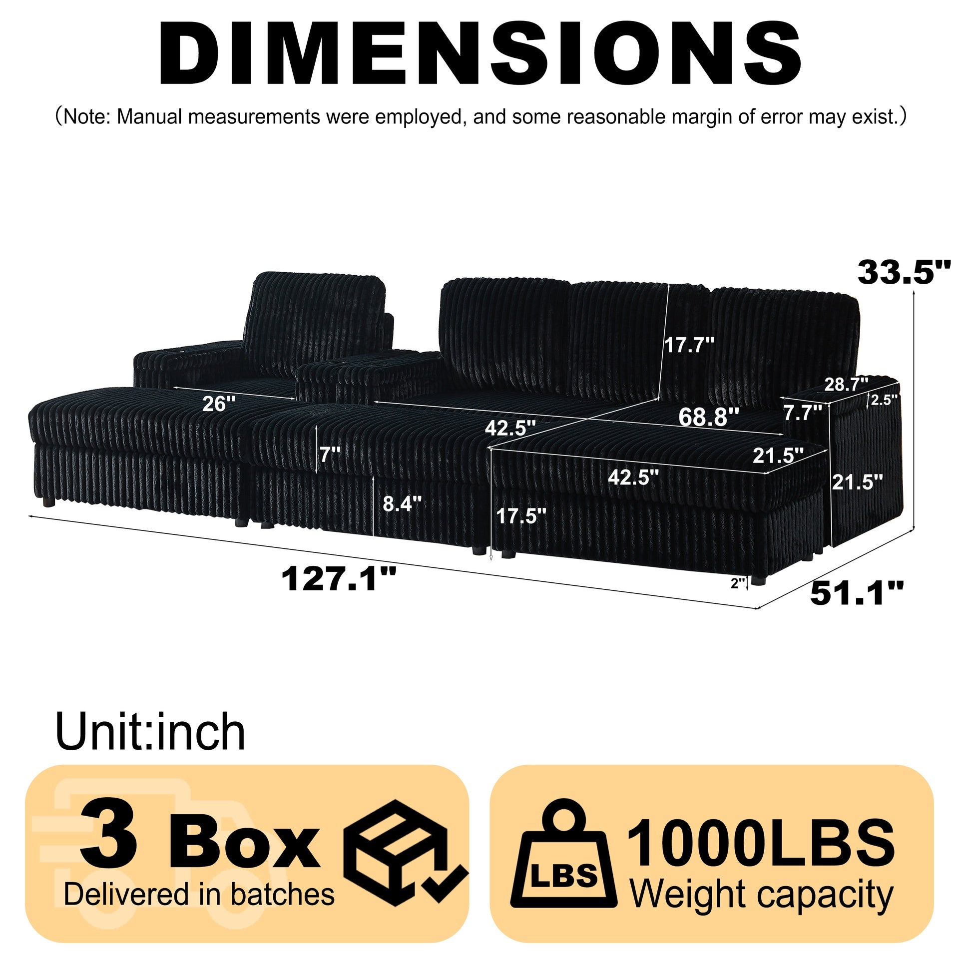 Corduroy single recline With 3-seater sofa ,cup-holding grooves Comfy Sofa- Deep Seat Couch for Living Room