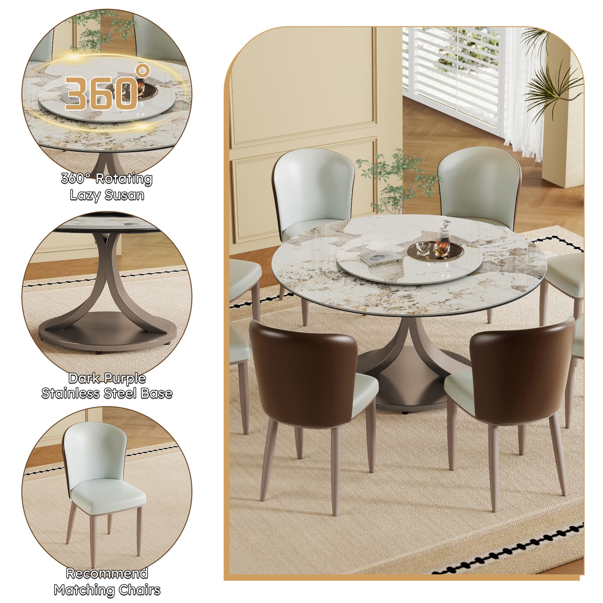 59" Round Dining Table with 360° Rotating Lazy Susan - Scratch & Heat Resistant Sintered Stone Tabletop for Dining Room & Kitchen(8 chairs)
