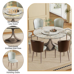 59" Round Dining Table with 360° Rotating Lazy Susan - Scratch & Heat Resistant Sintered Stone Tabletop for Dining Room & Kitchen(8 chairs)
