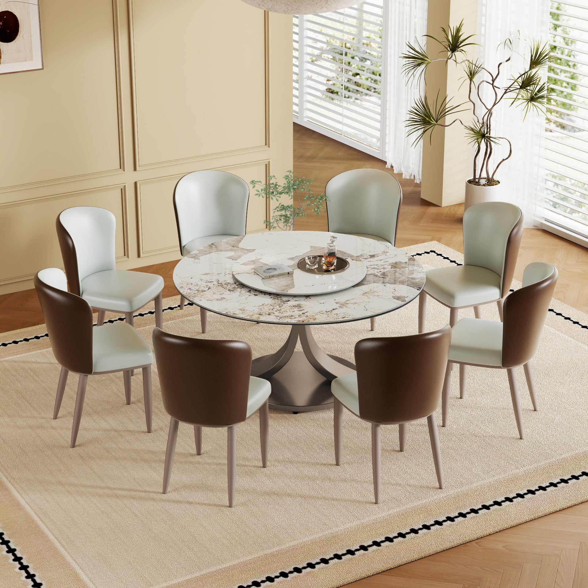 59" Round Dining Table with 360° Rotating Lazy Susan - Scratch & Heat Resistant Sintered Stone Tabletop for Dining Room & Kitchen(8 chairs)
