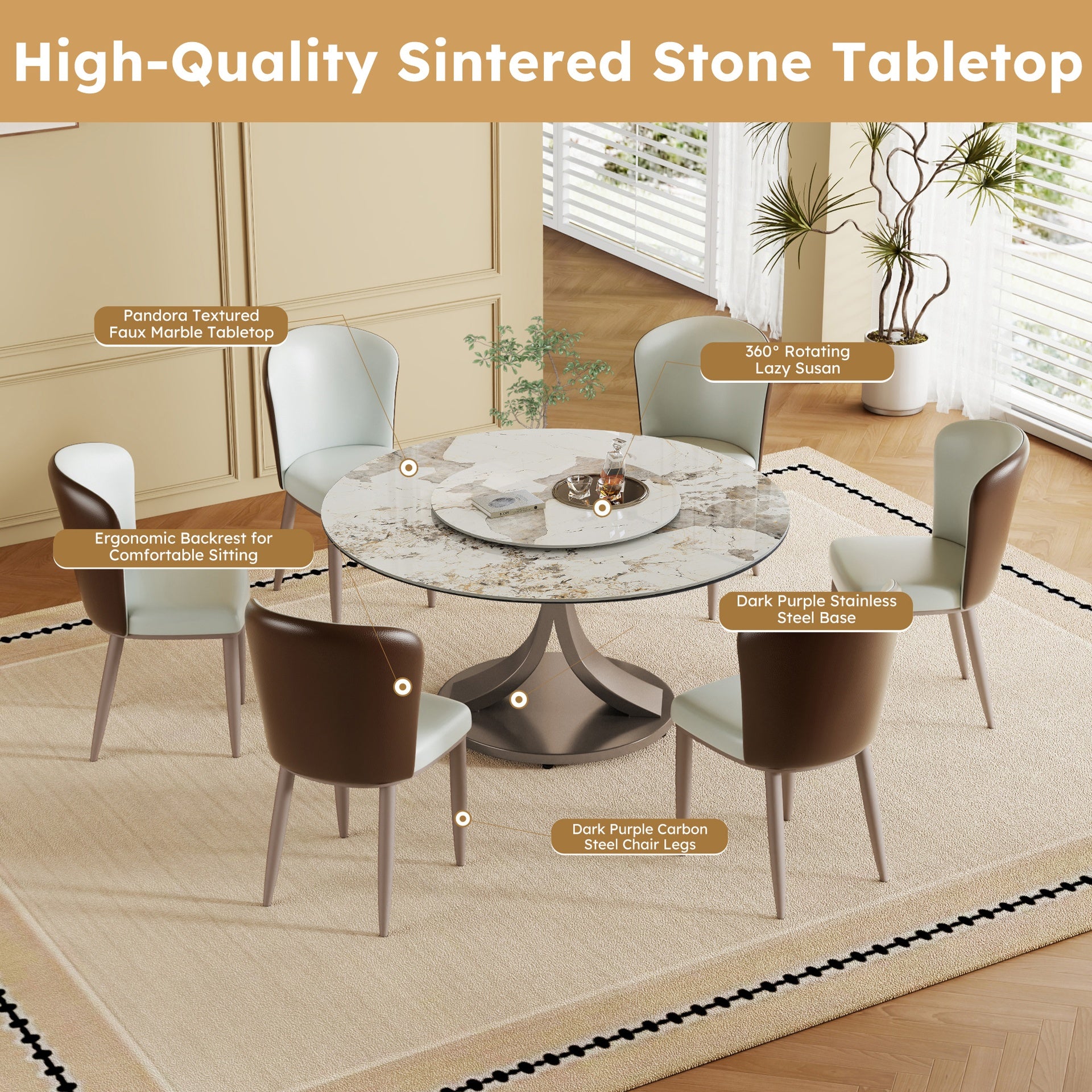 59" Round Dining Table with 360° Rotating Lazy Susan - Scratch & Heat Resistant Sintered Stone Tabletop for Dining Room & Kitchen(8 chairs)