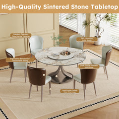 59" Round Dining Table with 360° Rotating Lazy Susan - Scratch & Heat Resistant Sintered Stone Tabletop for Dining Room & Kitchen(8 chairs)