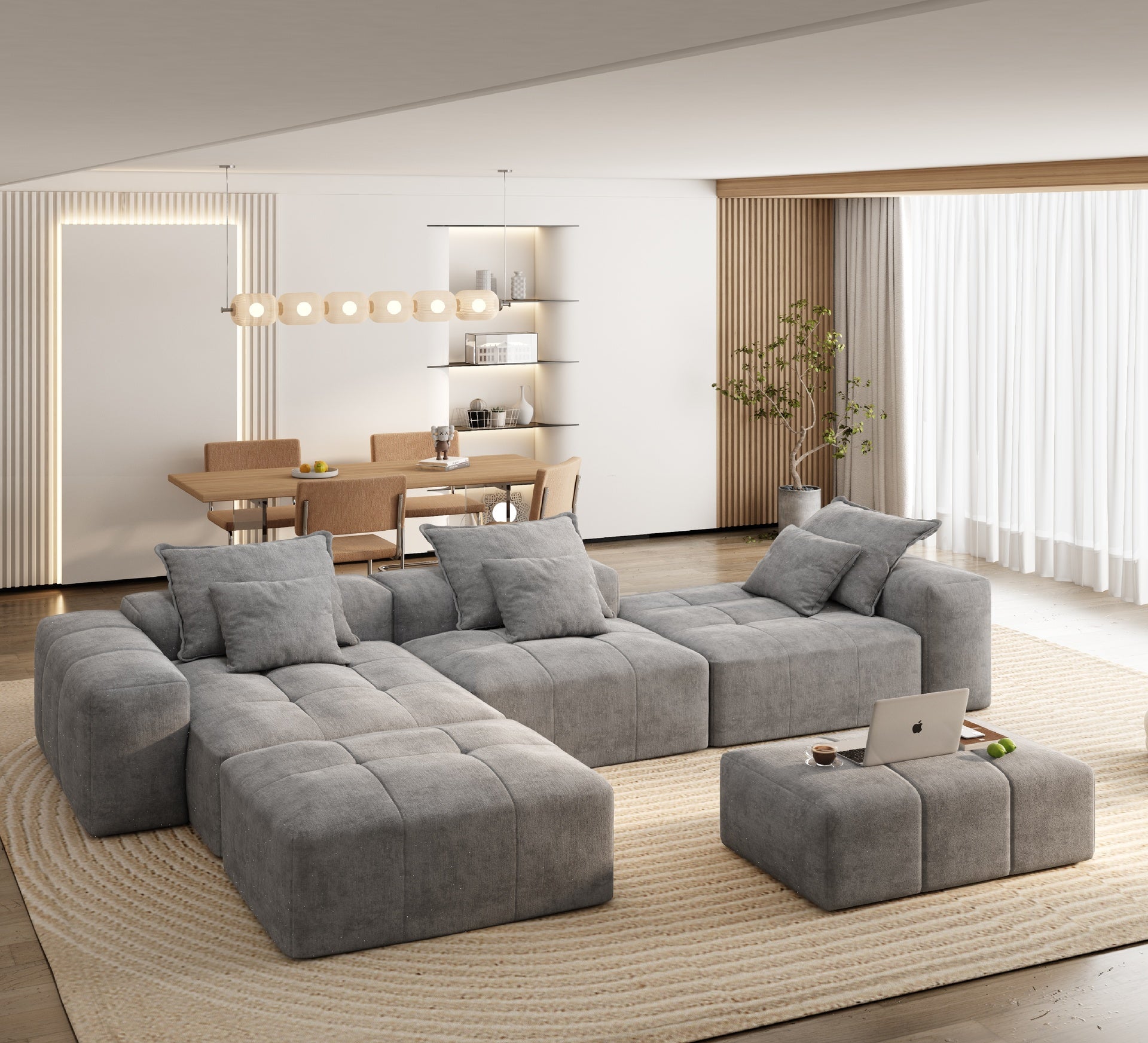 Modern Oversized Modular Sectional Sofa,Sparkling Chenille Fabric Soft Cushion Sofa with 6 Pillows,6 PCS DIY Combination Tufted Sofa,No Assembly Required,GREY