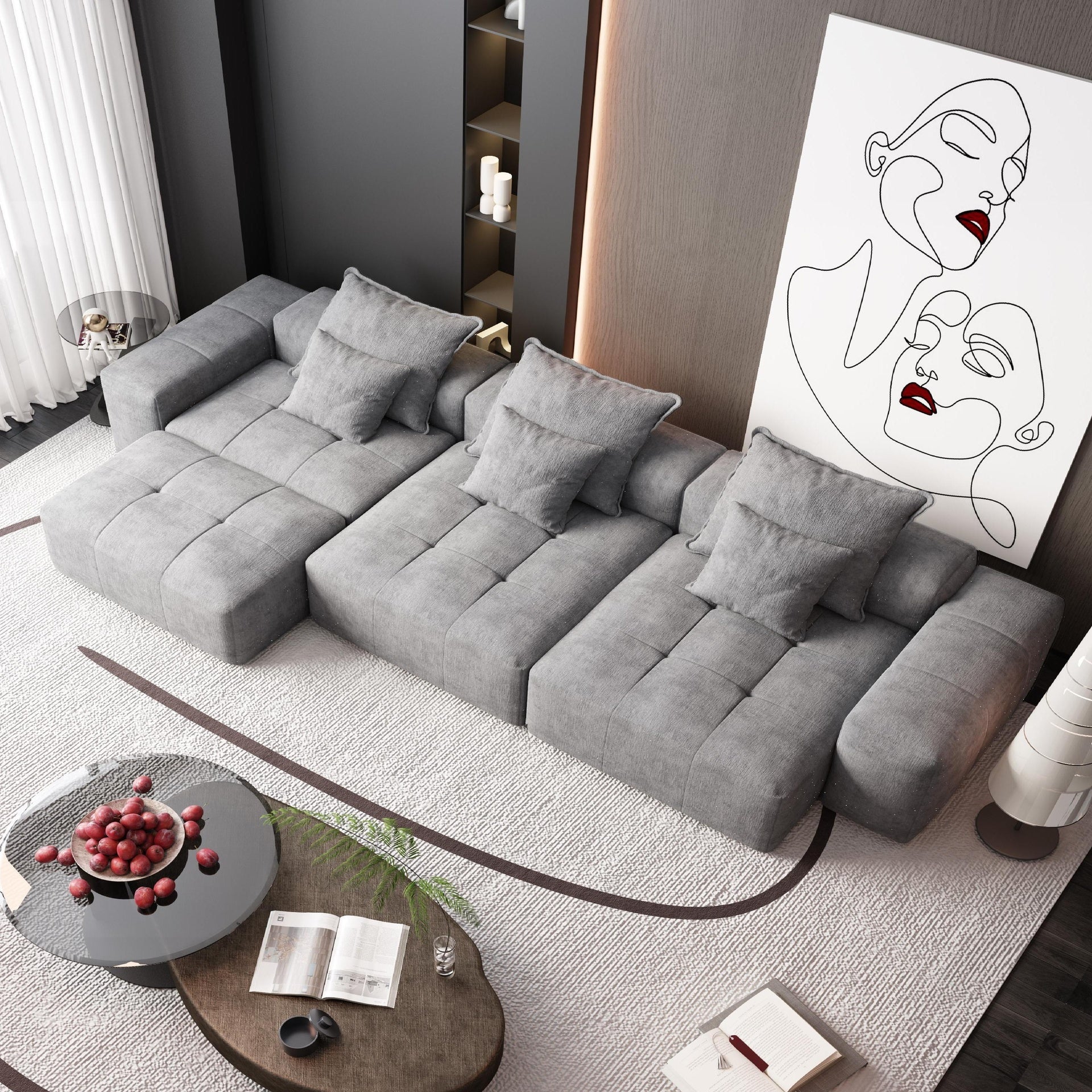 Modern Oversized Modular Sectional Sofa,Sparkling Chenille Fabric Soft Cushion Sofa with 6 Pillows,6 PCS DIY Combination Tufted Sofa,No Assembly Required,GREY