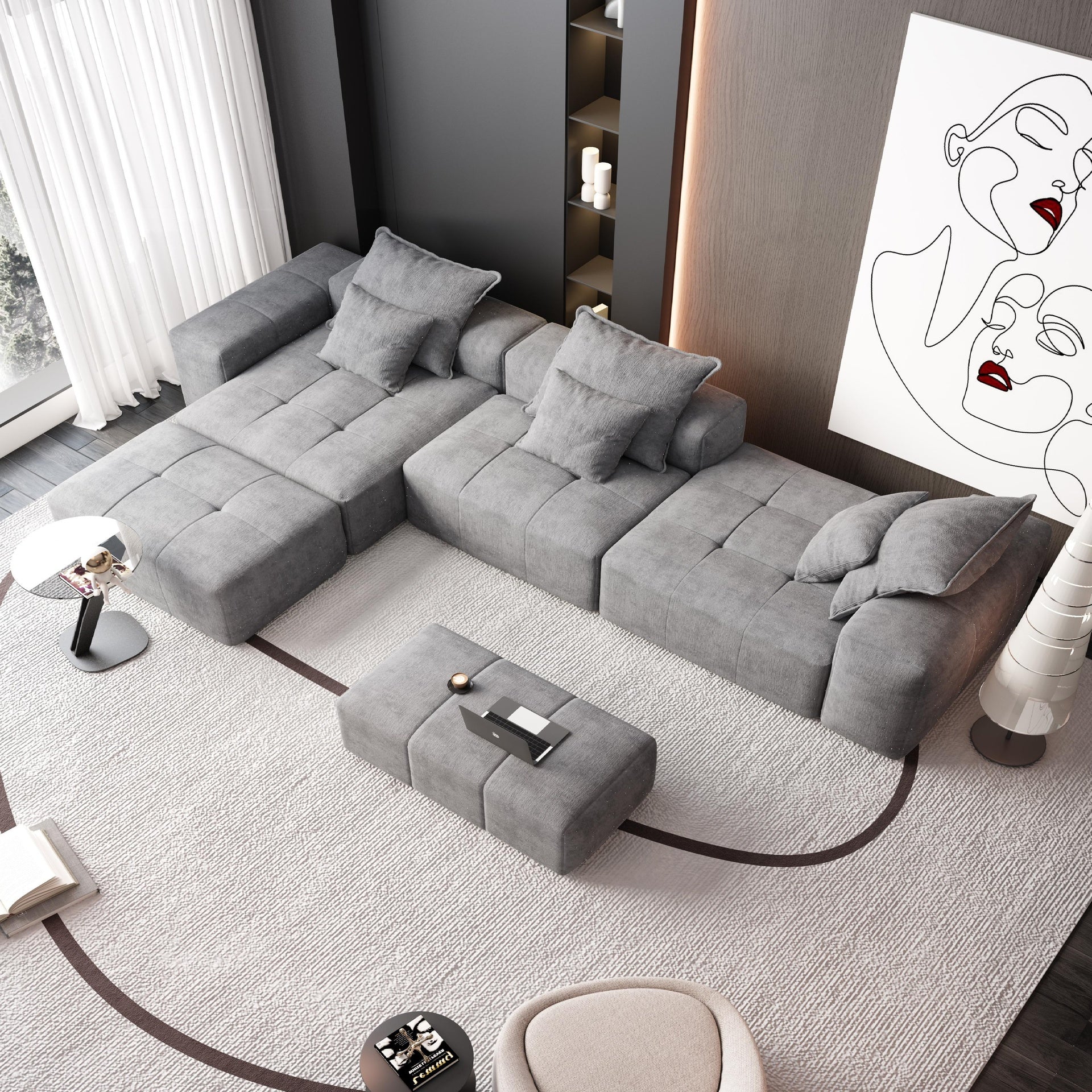Modern Oversized Modular Sectional Sofa,Sparkling Chenille Fabric Soft Cushion Sofa with 6 Pillows,6 PCS DIY Combination Tufted Sofa,No Assembly Required,GREY