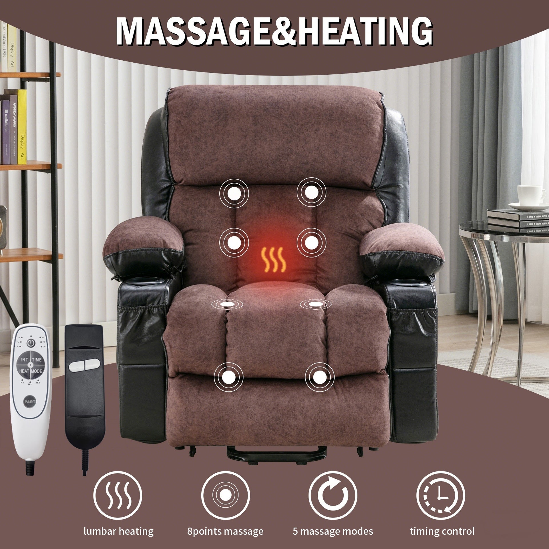 Power Electric massage lift lounge chair, suitable for the elderly, with heating and vibration functions,Fleece leather with USB, can be used for lying down. BLACK BROWN