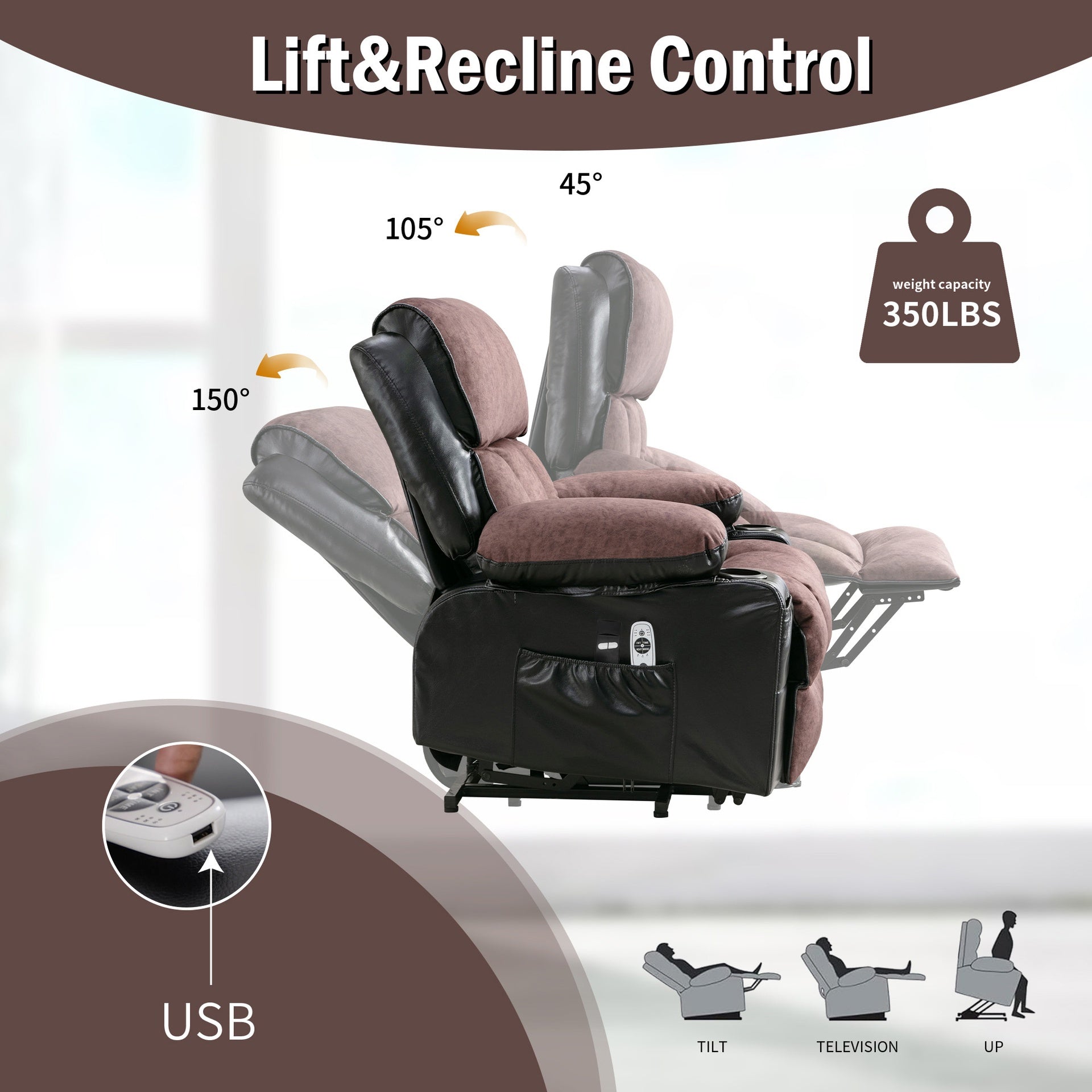 Power Electric massage lift lounge chair, suitable for the elderly, with heating and vibration functions,Fleece leather with USB, can be used for lying down. BLACK BROWN