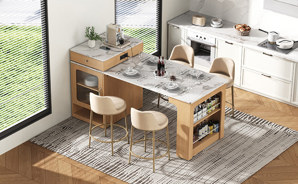 K&K 59.5"Kitchen Island with Extendable Dining Table, Kitchen Storage Table with Double-sided Storage, Kitchen Island with 2 Drawers, Power Outlet, Side Open Shelves, for Kitchen, Dining Room, Natural