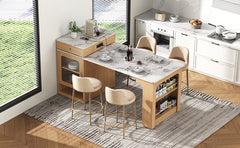 K&K 59.5"Kitchen Island with Extendable Dining Table, Kitchen Storage Table with Double-sided Storage, Kitchen Island with 2 Drawers, Power Outlet, Side Open Shelves, for Kitchen, Dining Room, Natural