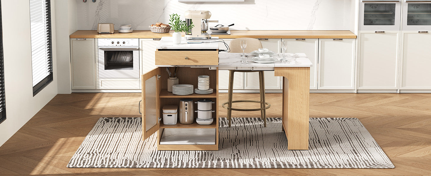 K&K 59.5"Kitchen Island with Extendable Dining Table, Kitchen Storage Table with Double-sided Storage, Kitchen Island with 2 Drawers, Power Outlet, Side Open Shelves, for Kitchen, Dining Room, Natural