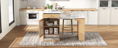 K&K 59.5"Kitchen Island with Extendable Dining Table, Kitchen Storage Table with Double-sided Storage, Kitchen Island with 2 Drawers, Power Outlet, Side Open Shelves, for Kitchen, Dining Room, Natural