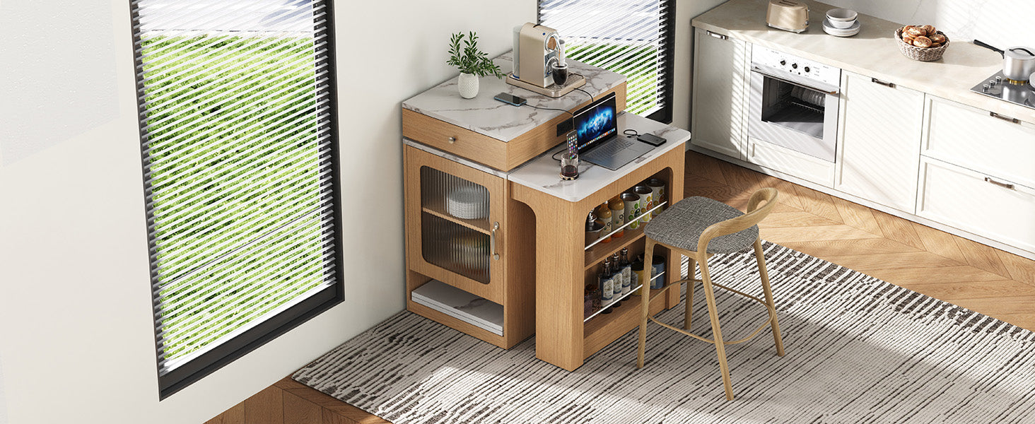 K&K 59.5"Kitchen Island with Extendable Dining Table, Kitchen Storage Table with Double-sided Storage, Kitchen Island with 2 Drawers, Power Outlet, Side Open Shelves, for Kitchen, Dining Room, Natural