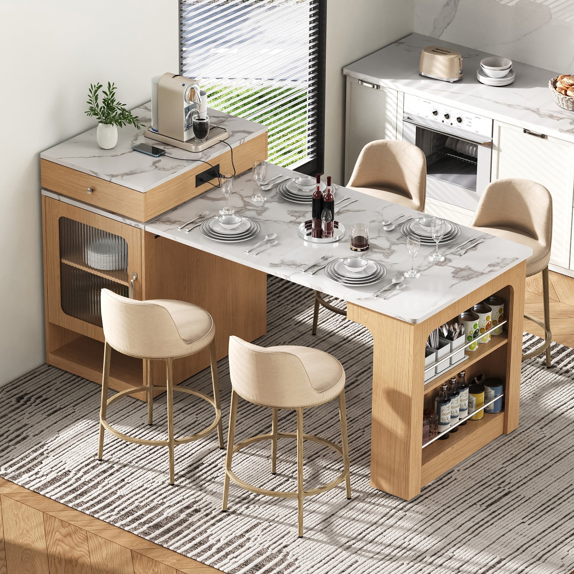 K&K 59.5"Kitchen Island with Extendable Dining Table, Kitchen Storage Table with Double-sided Storage, Kitchen Island with 2 Drawers, Power Outlet, Side Open Shelves, for Kitchen, Dining Room, Natural