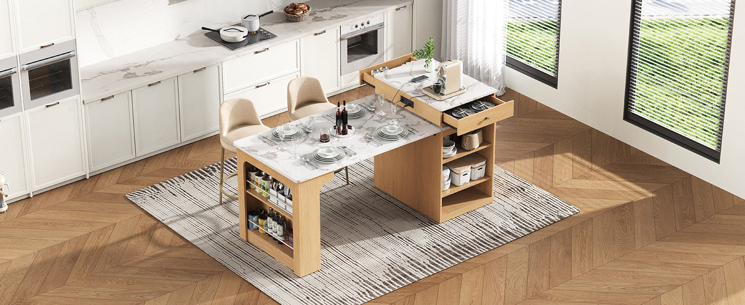 K&K 59.5"Kitchen Island with Extendable Dining Table, Kitchen Storage Table with Double-sided Storage, Kitchen Island with 2 Drawers, Power Outlet, Side Open Shelves, for Kitchen, Dining Room, Natural