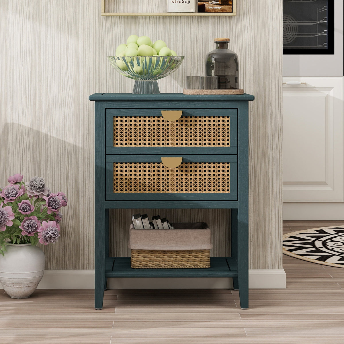 2 Drawer Side table,Naturel Rattan,End table,Suitable for bedroom, living room, study