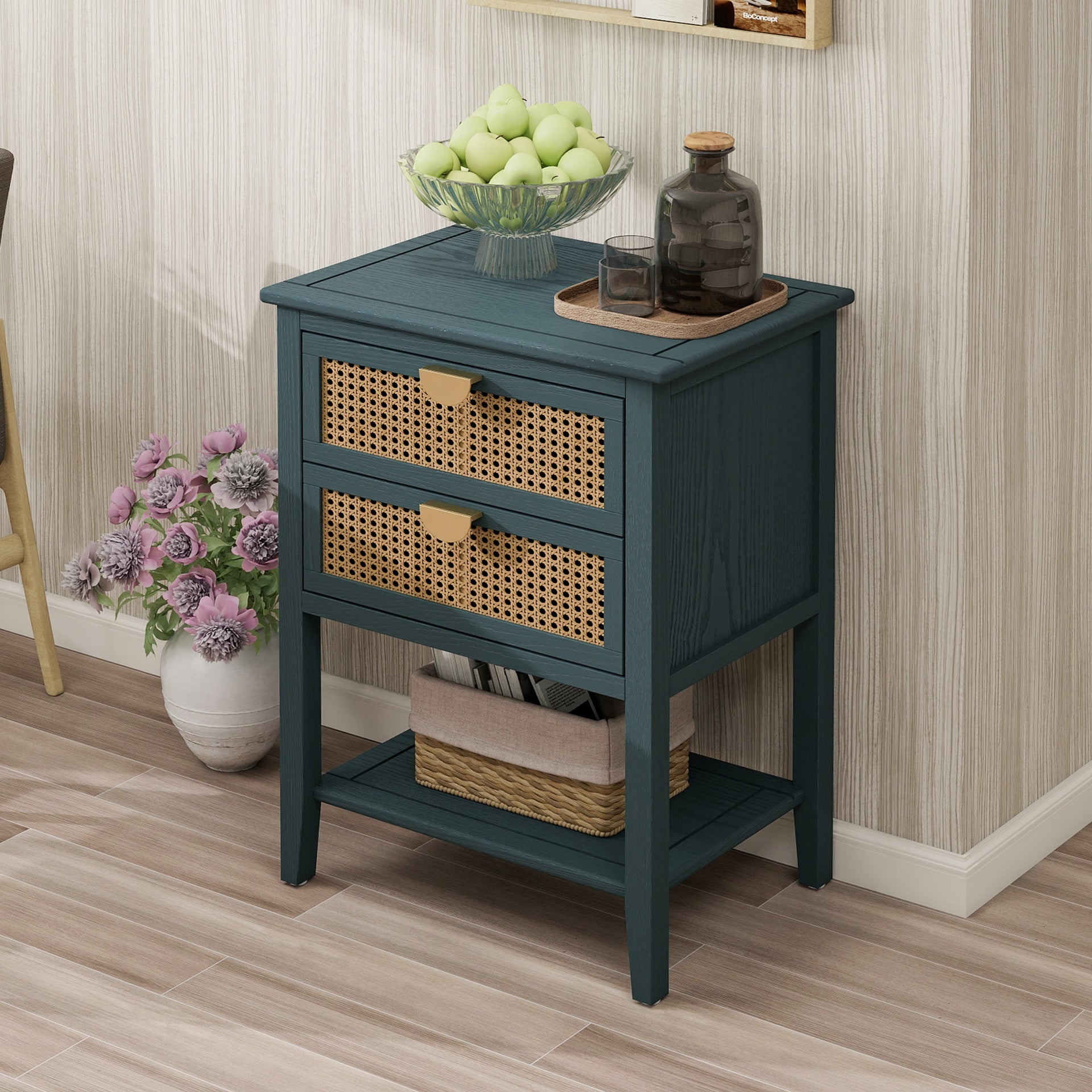 2 Drawer Side table,Naturel Rattan,End table,Suitable for bedroom, living room, study
