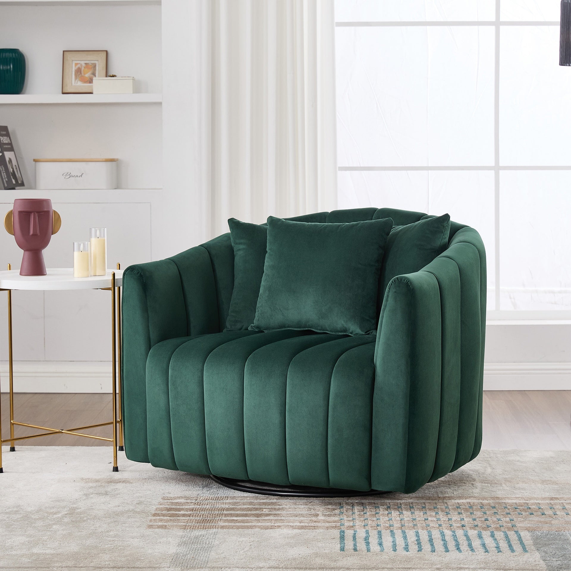 40.35"W Upholstered Oversized 360° Swivel Accent Barrel Chair and Half Cozy Sofa with 3 Pillows, Velvet Channel Tufted Pumpkin-Shape Club Armchair for Living Room, Bedroom, Office, Lounge,GREEN