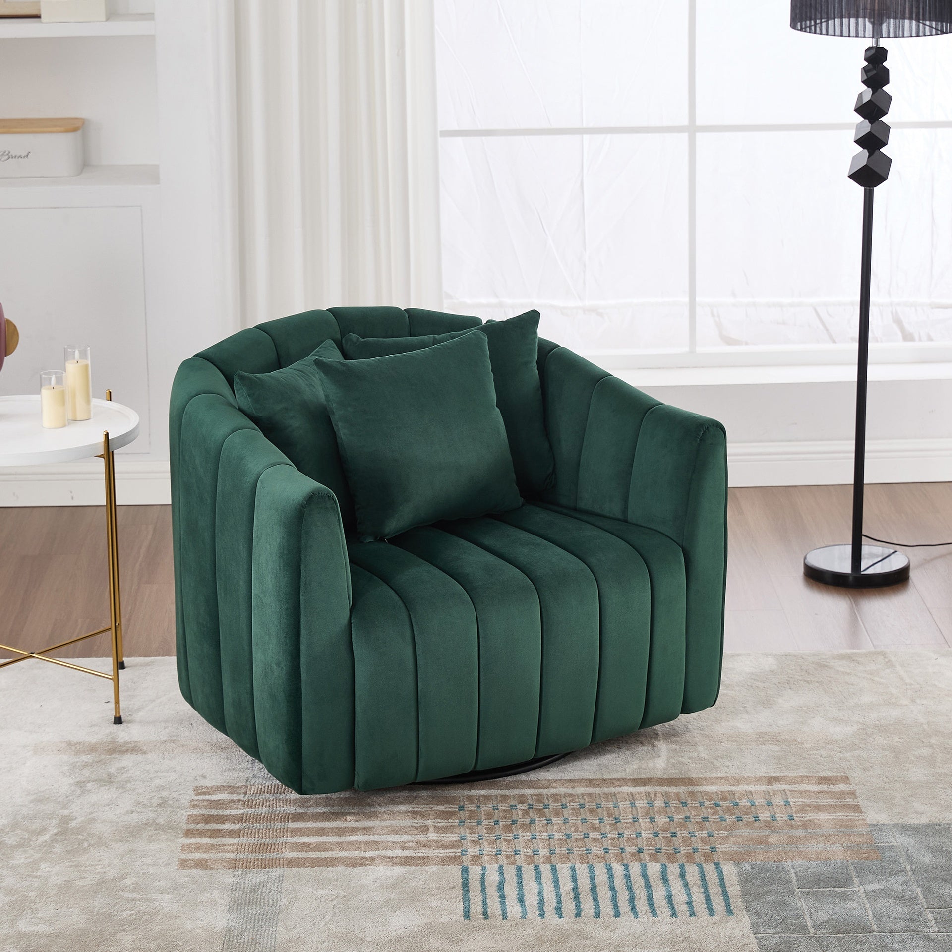 40.35"W Upholstered Oversized 360° Swivel Accent Barrel Chair and Half Cozy Sofa with 3 Pillows, Velvet Channel Tufted Pumpkin-Shape Club Armchair for Living Room, Bedroom, Office, Lounge,GREEN