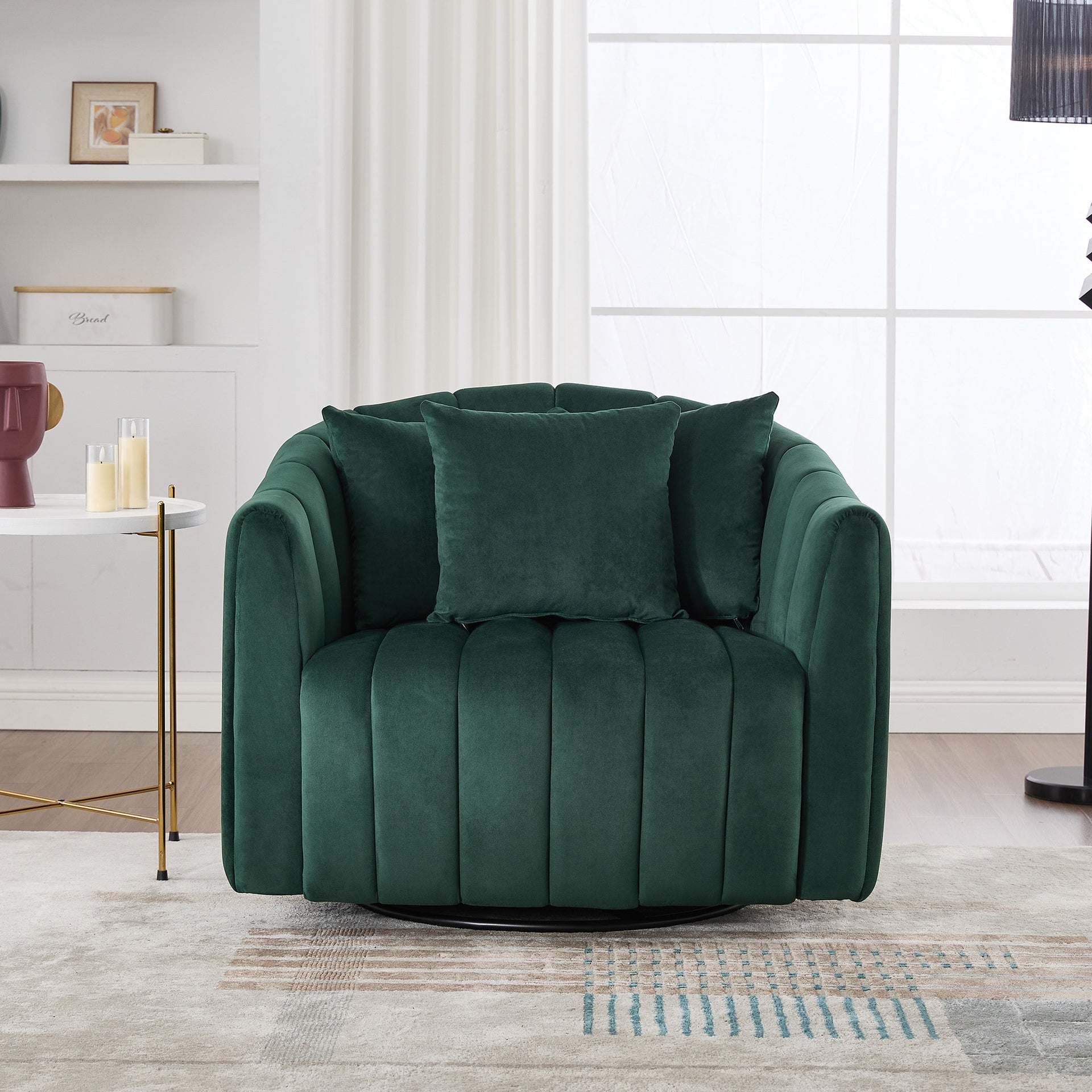 40.35"W Upholstered Oversized 360° Swivel Accent Barrel Chair and Half Cozy Sofa with 3 Pillows, Velvet Channel Tufted Pumpkin-Shape Club Armchair for Living Room, Bedroom, Office, Lounge,GREEN