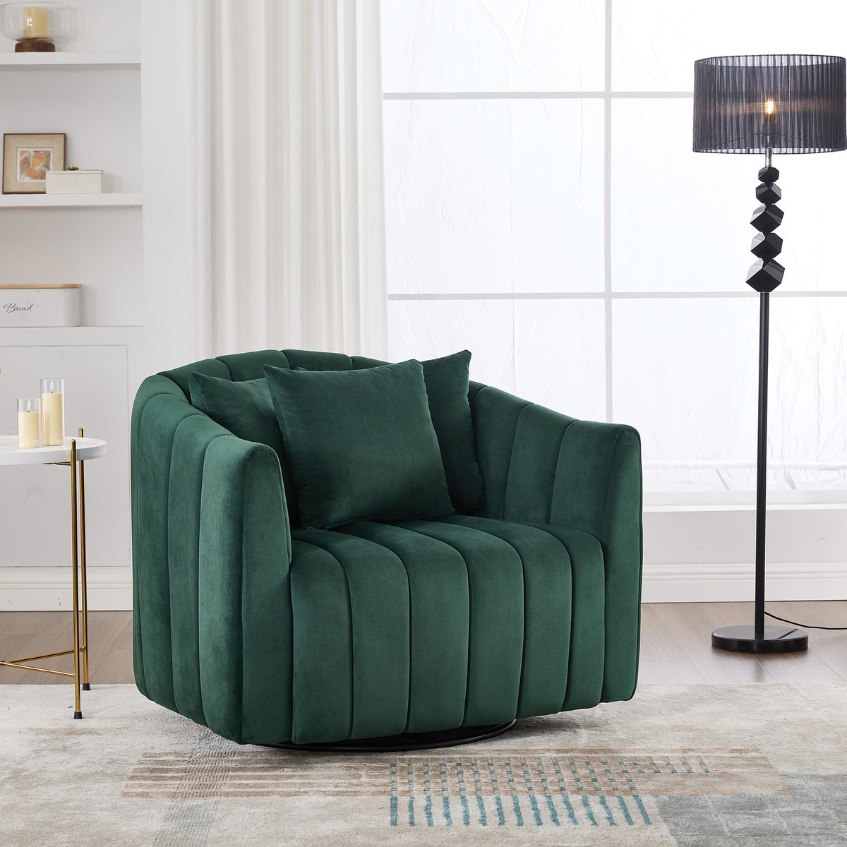 40.35"W Upholstered Oversized 360° Swivel Accent Barrel Chair and Half Cozy Sofa with 3 Pillows, Velvet Channel Tufted Pumpkin-Shape Club Armchair for Living Room, Bedroom, Office, Lounge,GREEN