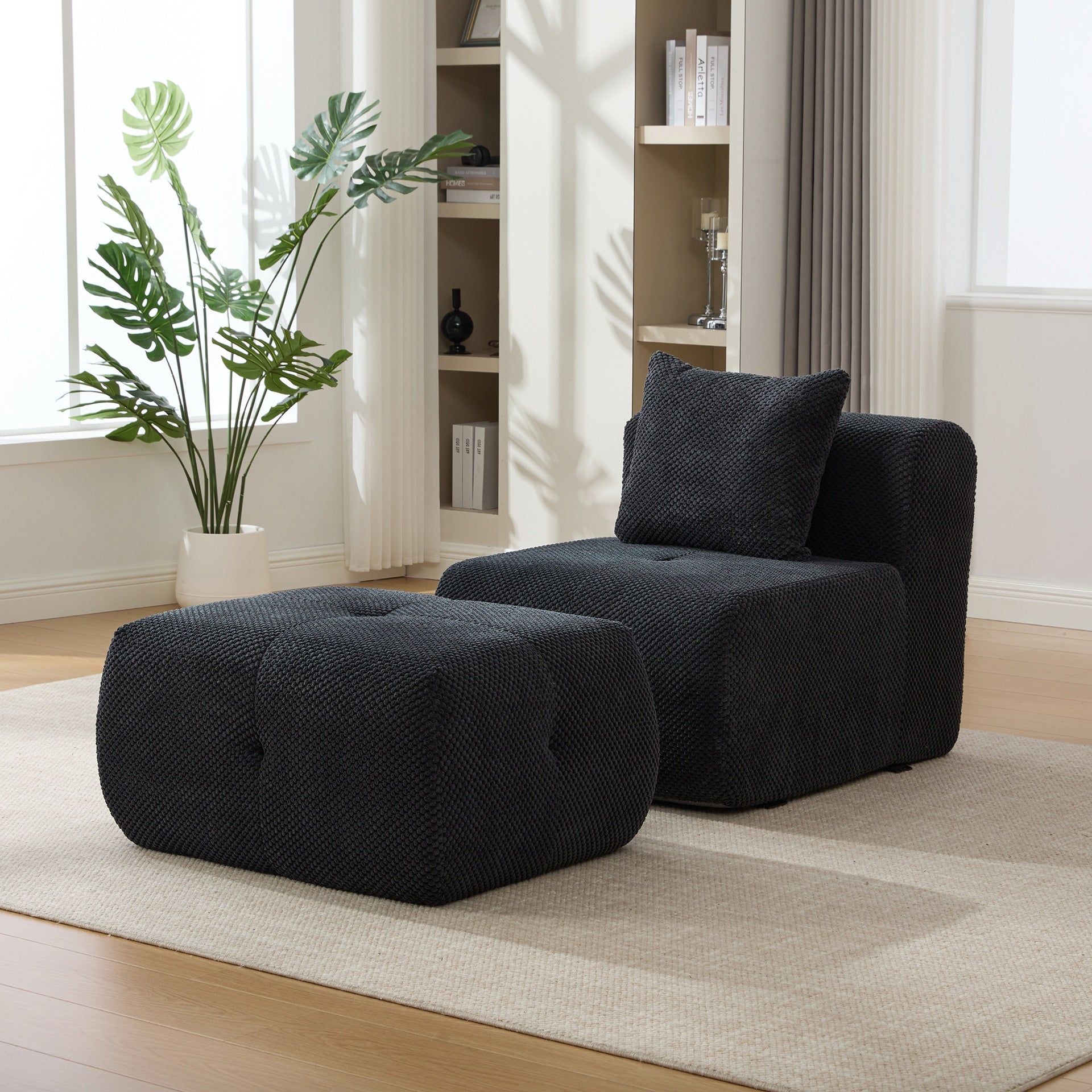 31" Modular Cloud Armless Accent Chair with Ottoman Set, Modern Boneless Deep Seat Single Sofa Soft Lounger with Footstool Throw Pillow for Living Room, Bedroom, Dorms, No Assembly Required, Charcoal