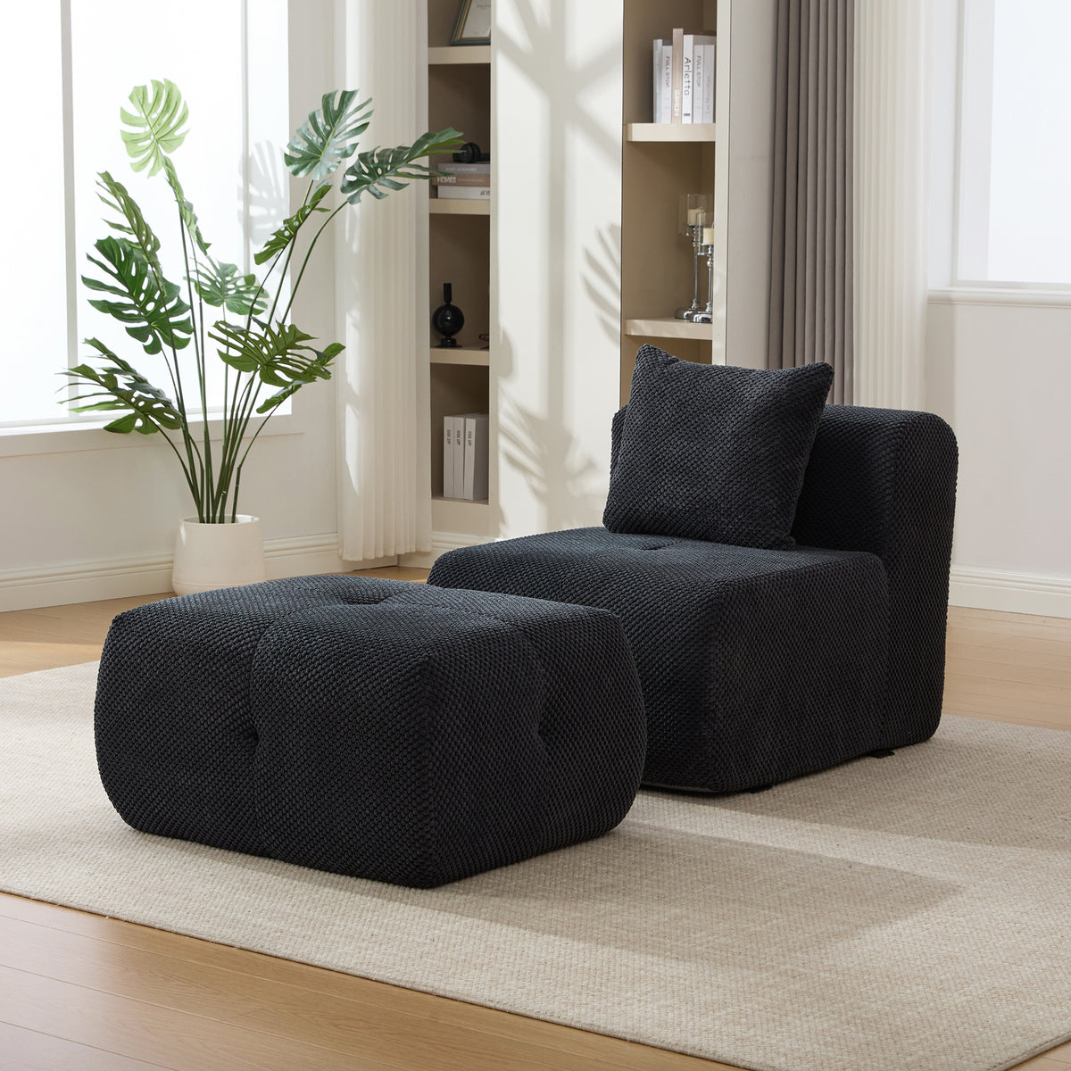 31" Modular Cloud Armless Accent Chair with Ottoman Set, Modern Boneless Deep Seat Single Sofa Soft Lounger with Footstool Throw Pillow for Living Room, Bedroom, Dorms, No Assembly Required, Charcoal