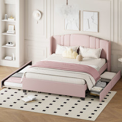 Upholstered Platform Bed with Wingback Headboard, One Twin Trundle and 2 Drawers, No Box Spring Needed, Linen Fabric, Queen Size, Pink