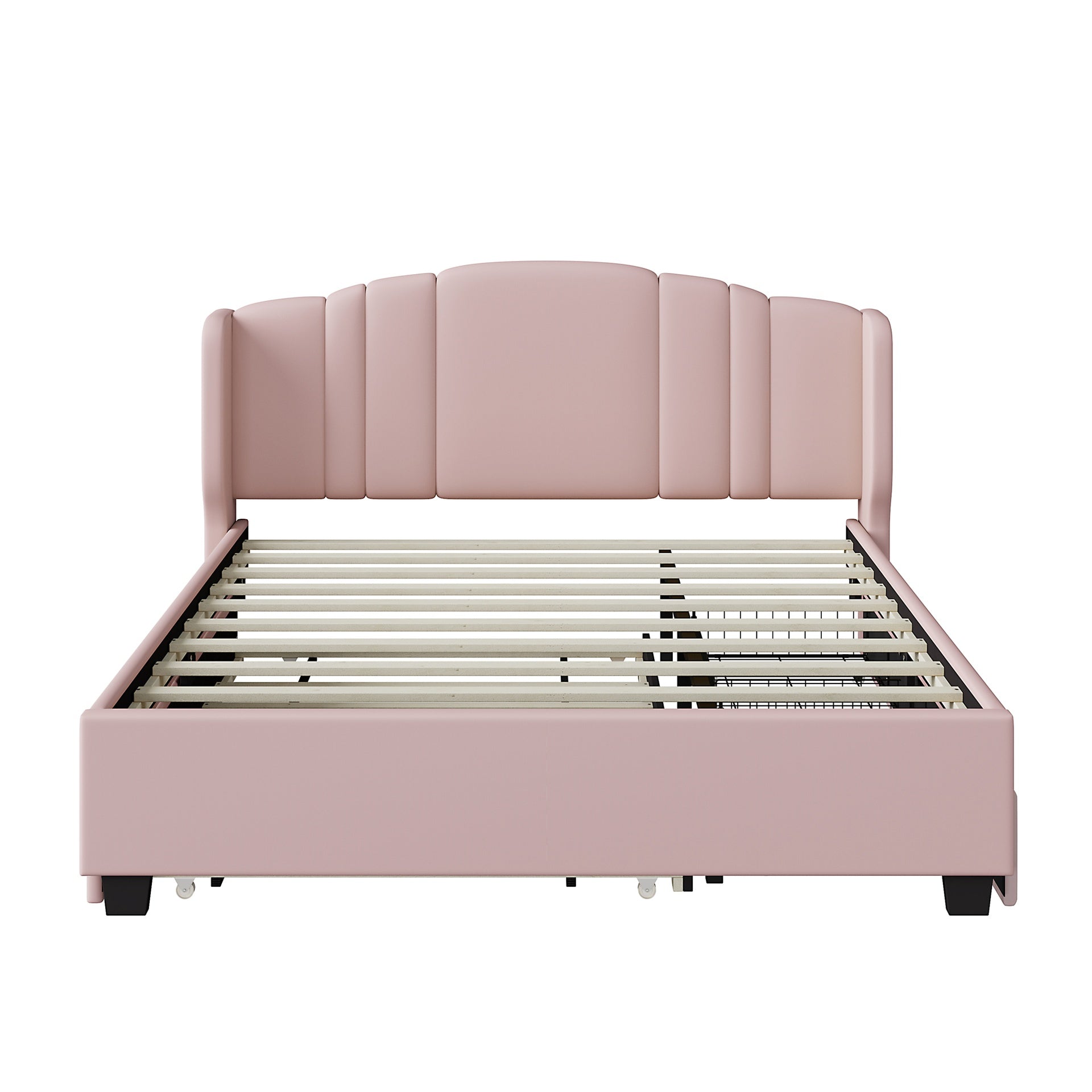 Upholstered Platform Bed with Wingback Headboard, One Twin Trundle and 2 Drawers, No Box Spring Needed, Linen Fabric, Queen Size, Pink