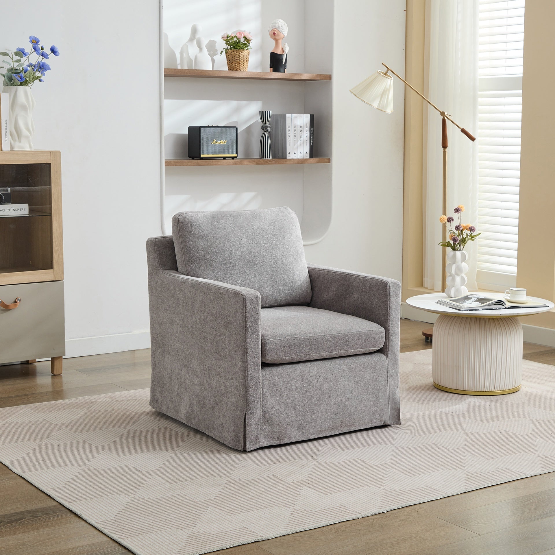 29.92'' Swivel Accent Chair, Upholstered Skirted Swivel Chair with Removable Back Cushion, 360 Degree Comfy Armchair for Living Room, Nursery, Lounge,Office,Gray Chenille