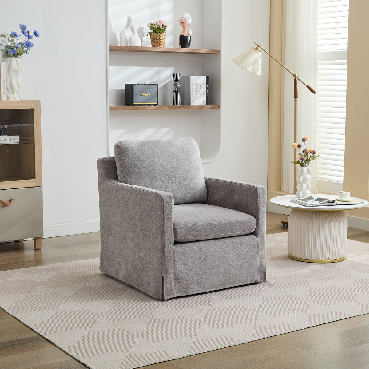 29.92'' Swivel Accent Chair, Upholstered Skirted Swivel Chair with Removable Back Cushion, 360 Degree Comfy Armchair for Living Room, Nursery, Lounge,Office,Gray Chenille