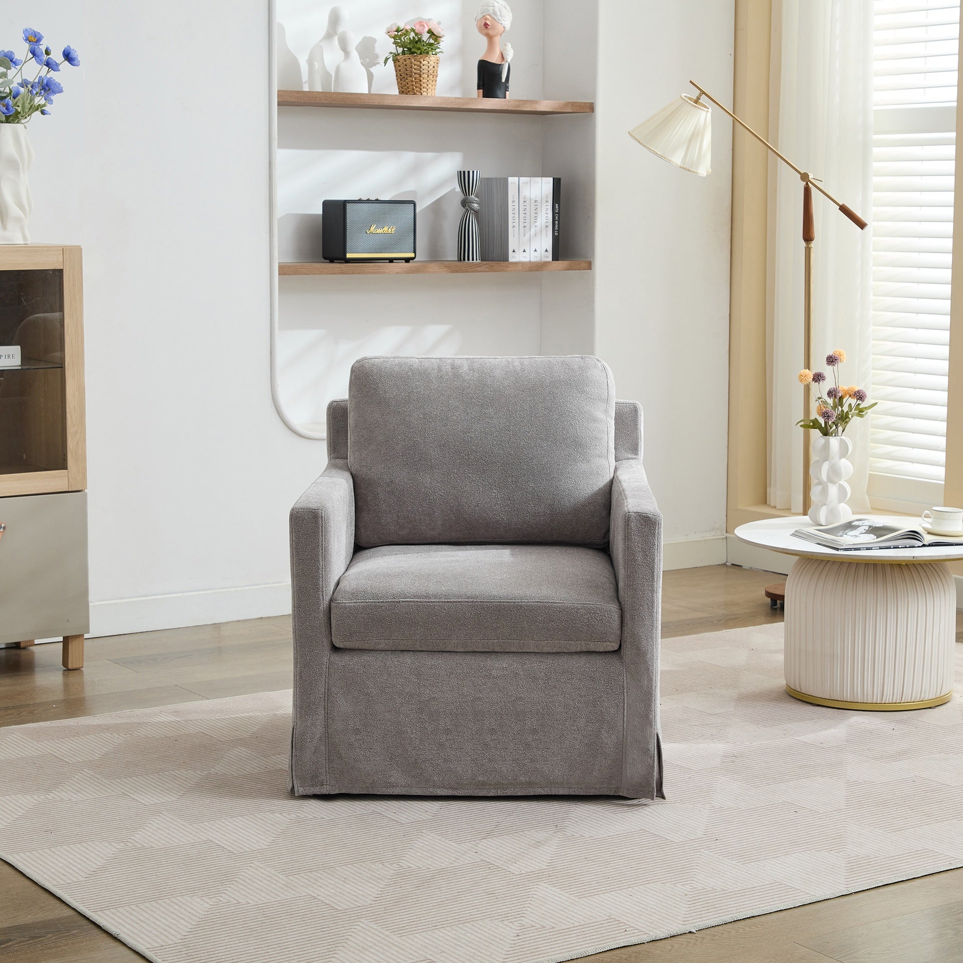 29.92'' Swivel Accent Chair, Upholstered Skirted Swivel Chair with Removable Back Cushion, 360 Degree Comfy Armchair for Living Room, Nursery, Lounge,Office,Gray Chenille
