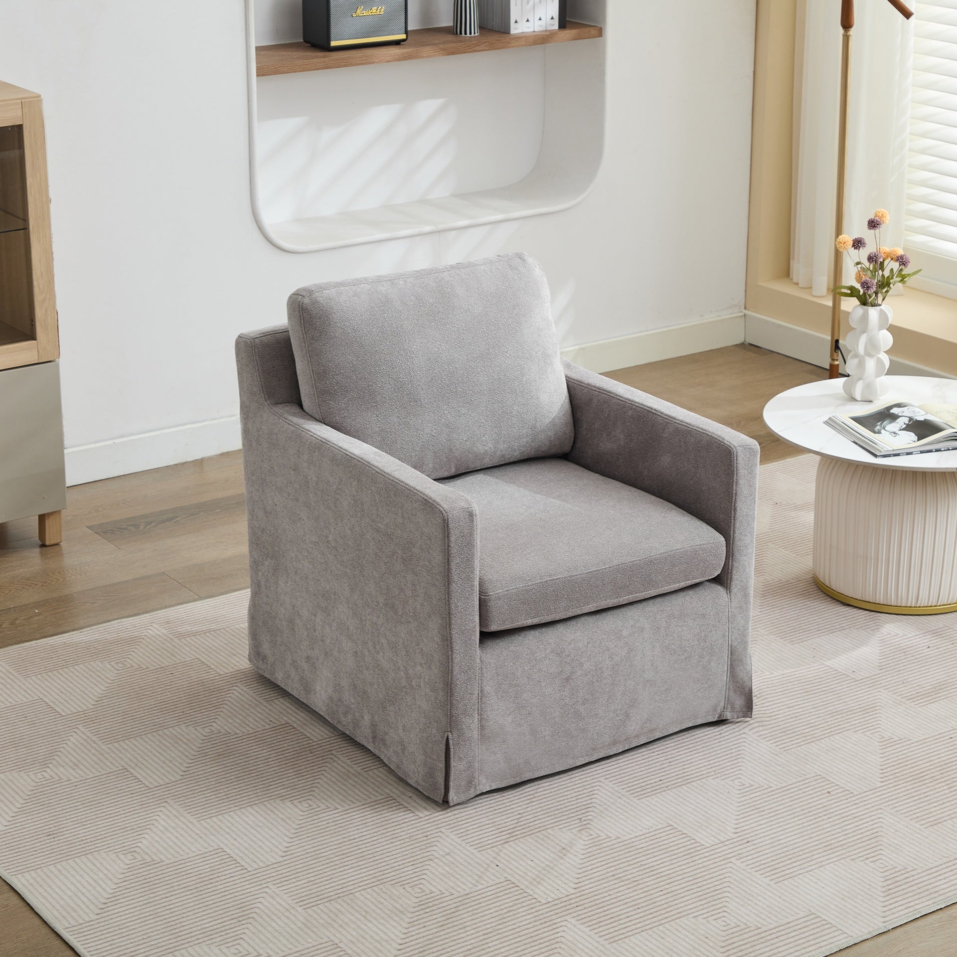 29.92'' Swivel Accent Chair, Upholstered Skirted Swivel Chair with Removable Back Cushion, 360 Degree Comfy Armchair for Living Room, Nursery, Lounge,Office,Gray Chenille