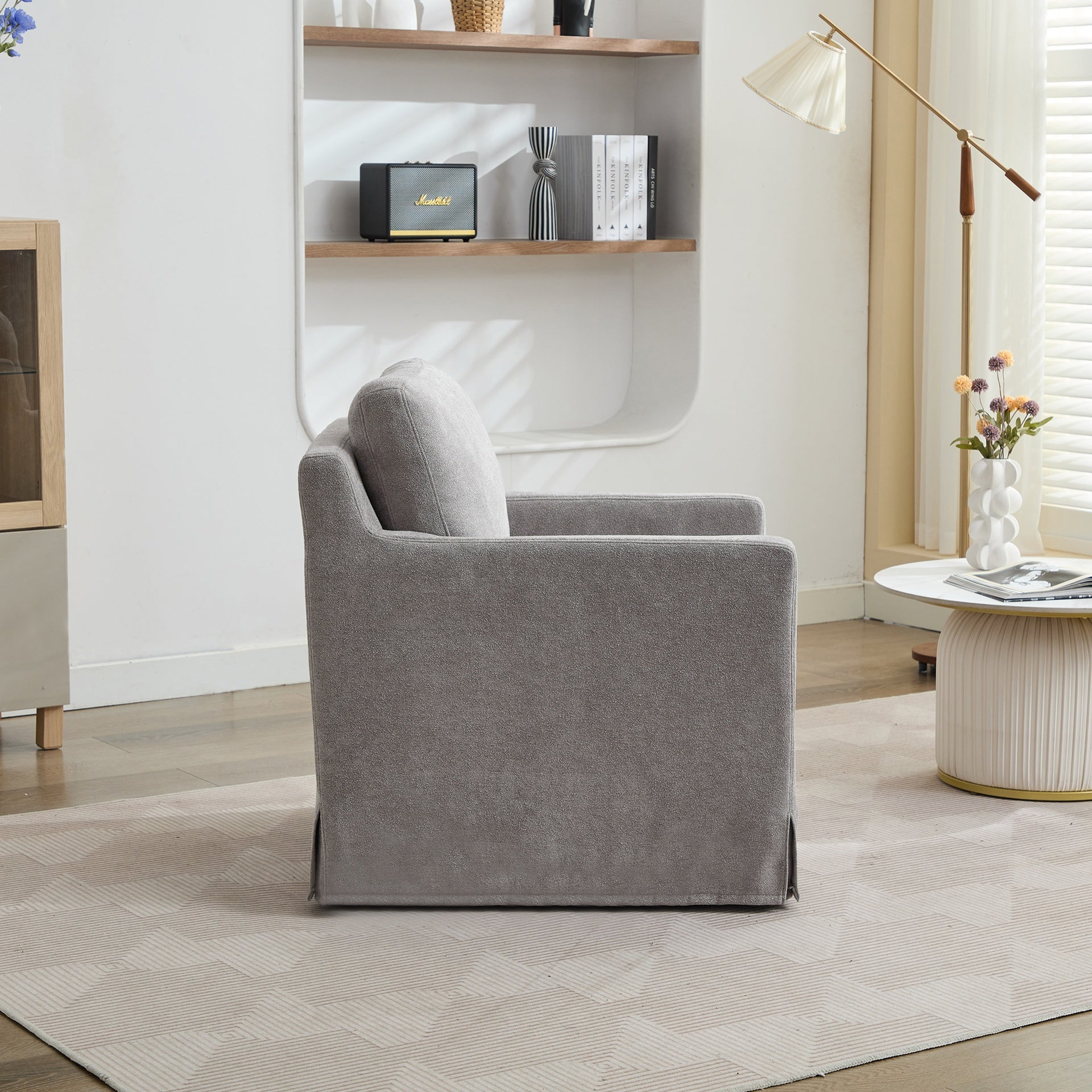 29.92'' Swivel Accent Chair, Upholstered Skirted Swivel Chair with Removable Back Cushion, 360 Degree Comfy Armchair for Living Room, Nursery, Lounge,Office,Gray Chenille