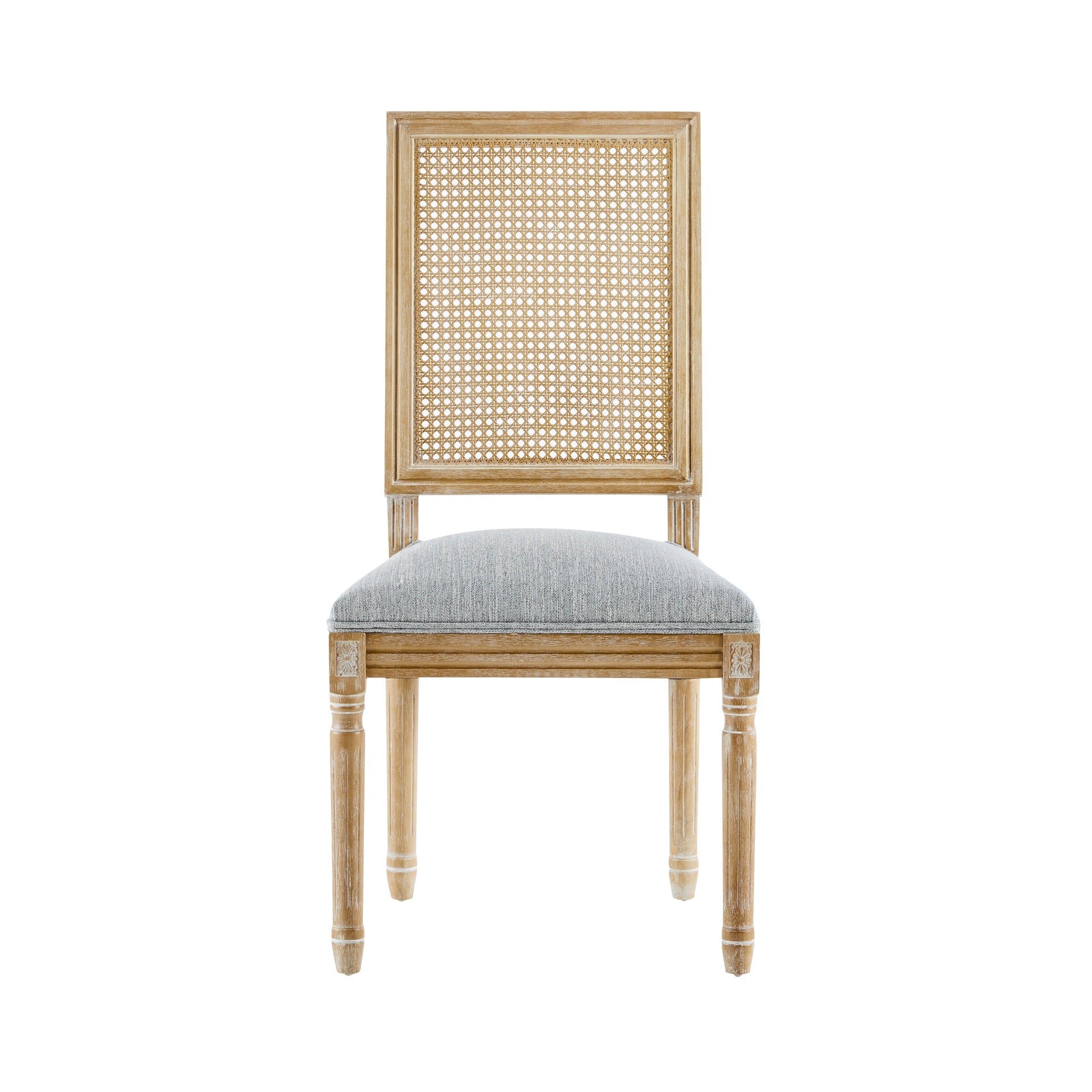 [Set of 2] French Country Dining Chairs - Elegant Cane Backrest & Upholstered Seats with Fluted Legs - Rustic Weathered Finish - Solid Rubberwood Frame - Vintage Inspired Kitchen & Dining Room Chairs