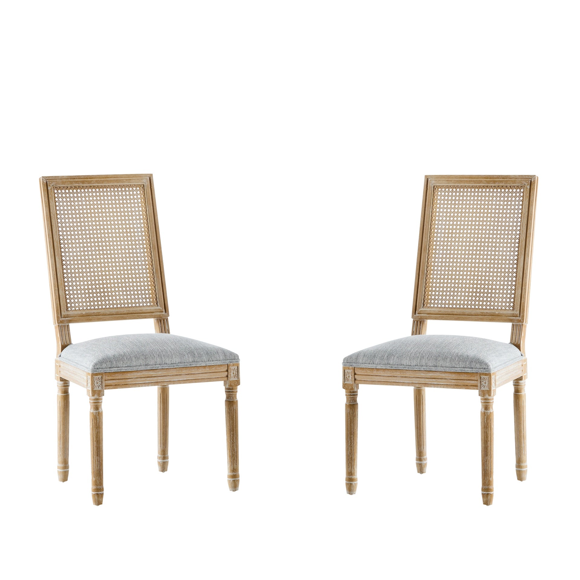 [Set of 2] French Country Dining Chairs - Elegant Cane Backrest & Upholstered Seats with Fluted Legs - Rustic Weathered Finish - Solid Rubberwood Frame - Vintage Inspired Kitchen & Dining Room Chairs