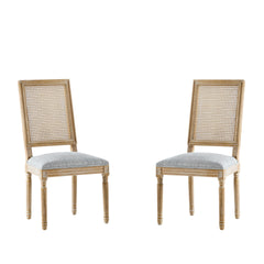 [Set of 2] French Country Dining Chairs - Elegant Cane Backrest & Upholstered Seats with Fluted Legs - Rustic Weathered Finish - Solid Rubberwood Frame - Vintage Inspired Kitchen & Dining Room Chairs