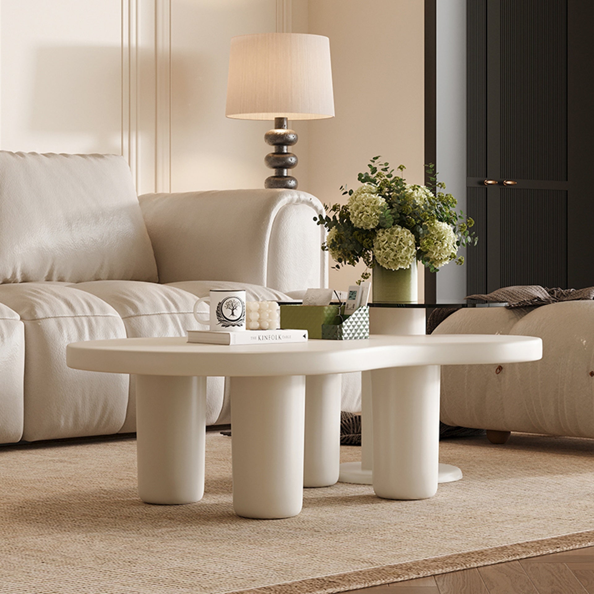 Cream White Modern Nesting Coffee Tables Set of 2, 2 in 1 Irregular Coffee Table with Glass Top End Table for Living Room Easy to Assemble