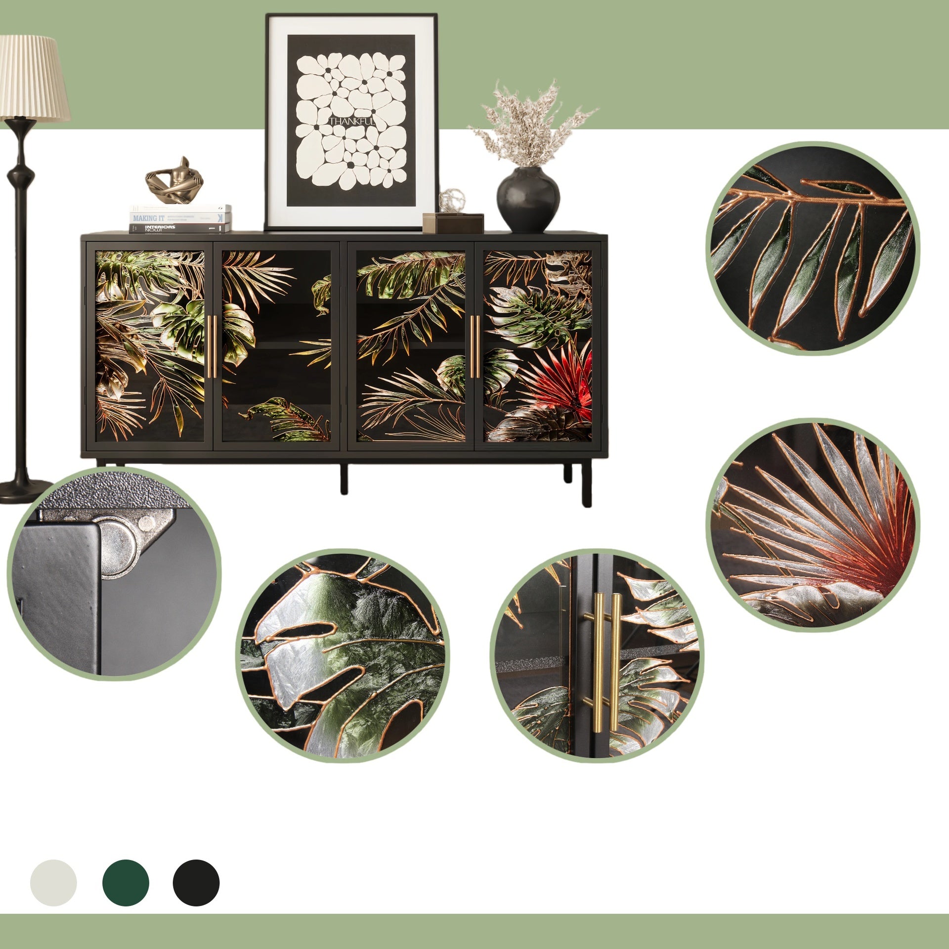 60.3" with 4 doors for Buffet Cabinets, Glazed painting art storage Cabinets, American retro control Console Table decorative Cabinets, Living room, Bedroom, Dining room
