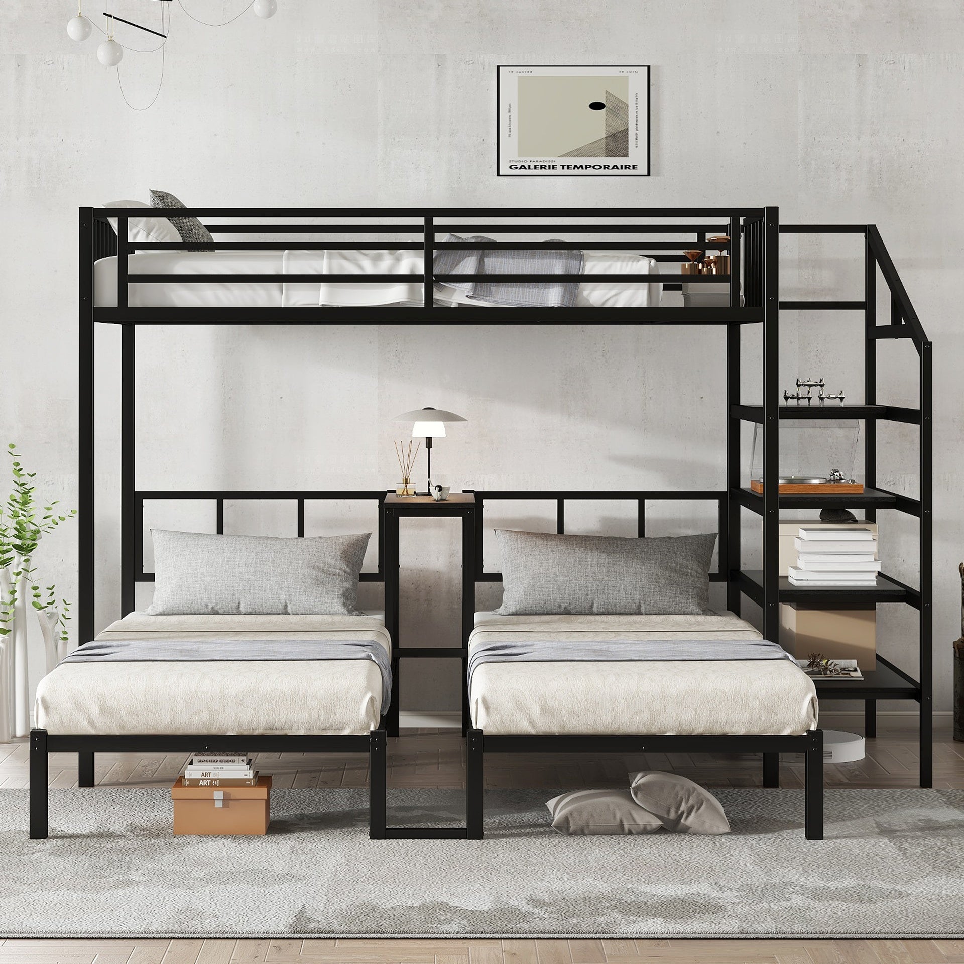 Twin over Twin & Twin Bunk Beds for 3, Twin XL over Twin & Twin Bunk Bed Metal Triple Bunk Bed with Desk & Shelves, Space Saving/Noise Reduction, Black