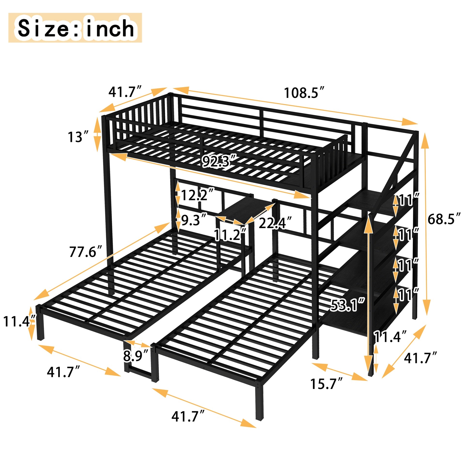 Twin over Twin & Twin Bunk Beds for 3, Twin XL over Twin & Twin Bunk Bed Metal Triple Bunk Bed with Desk & Shelves, Space Saving/Noise Reduction, Black