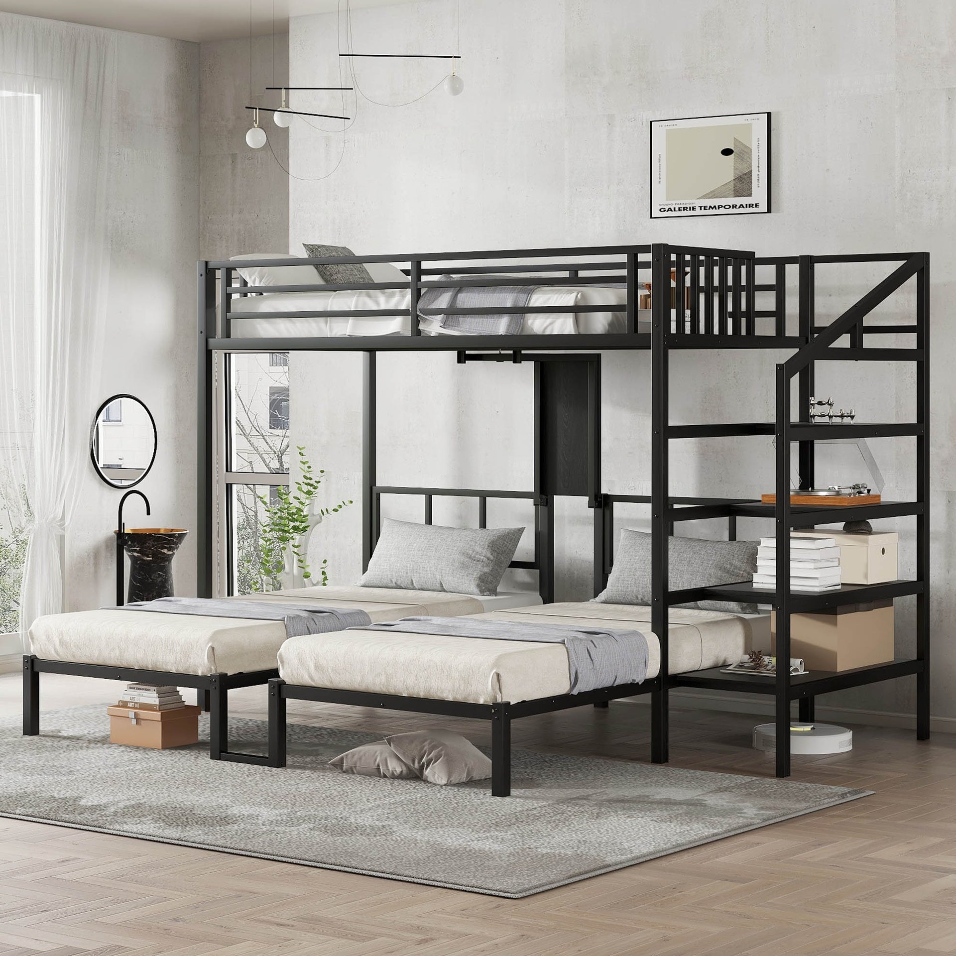Twin over Twin & Twin Bunk Beds for 3, Twin XL over Twin & Twin Bunk Bed Metal Triple Bunk Bed with Desk & Shelves, Space Saving/Noise Reduction, Black