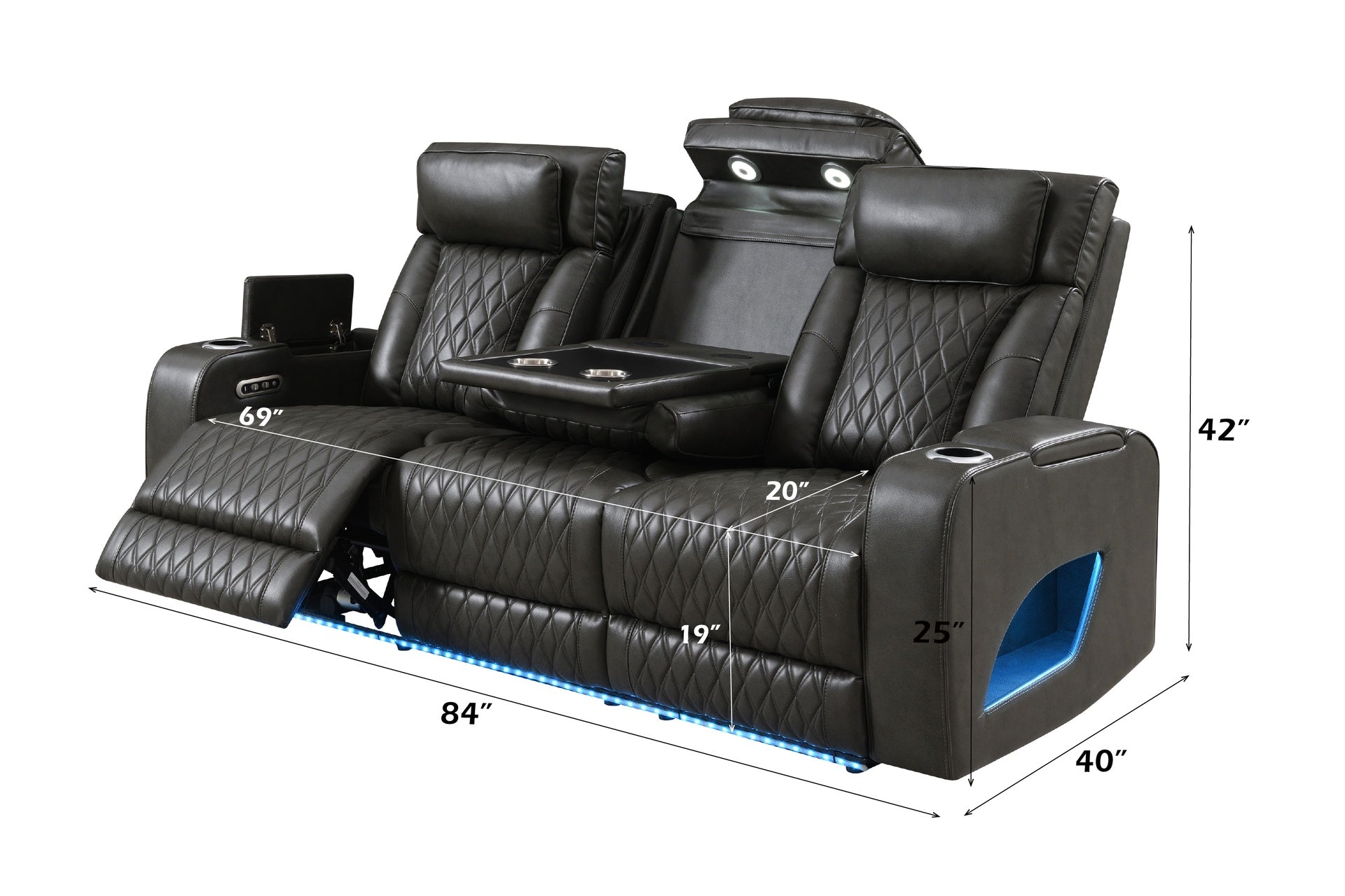 Taddeo Dark Gray Synthetic Leather Power Motion Sofa w/Power Headrest, USB, Wireless Charger, LED & Reading Light