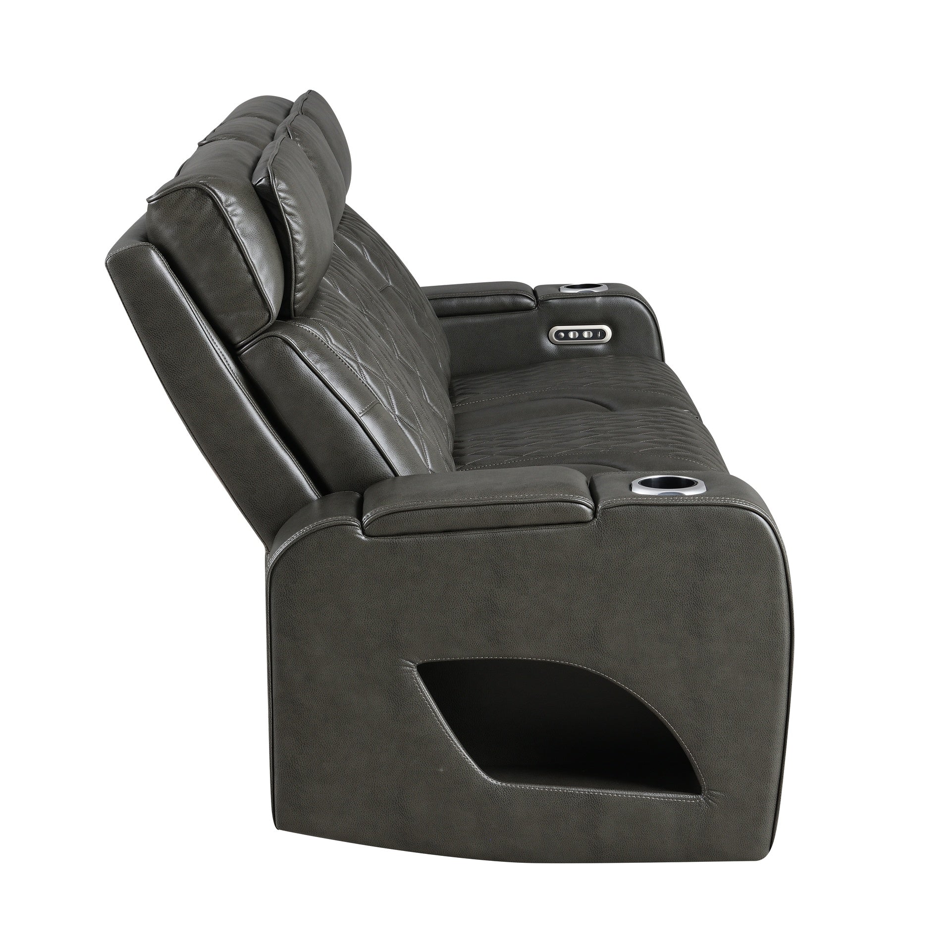 Taddeo Dark Gray Synthetic Leather Power Motion Sofa w/Power Headrest, USB, Wireless Charger, LED & Reading Light