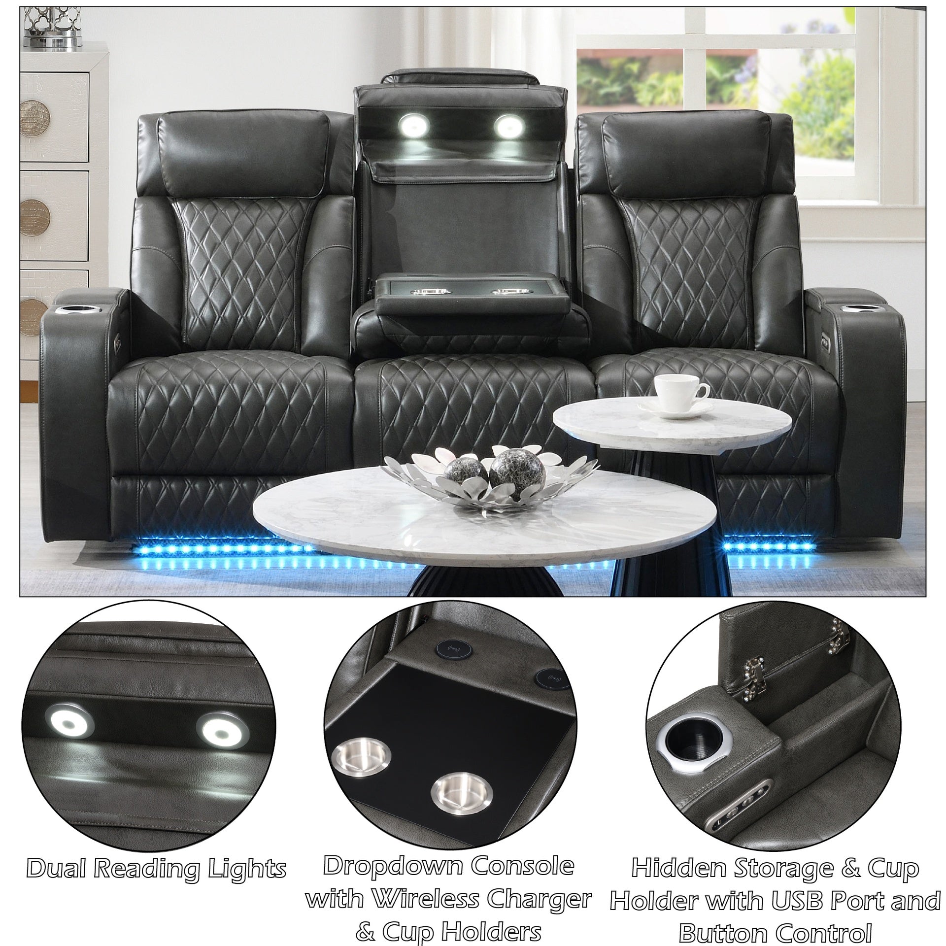 Taddeo Dark Gray Synthetic Leather Power Motion Sofa w/Power Headrest, USB, Wireless Charger, LED & Reading Light