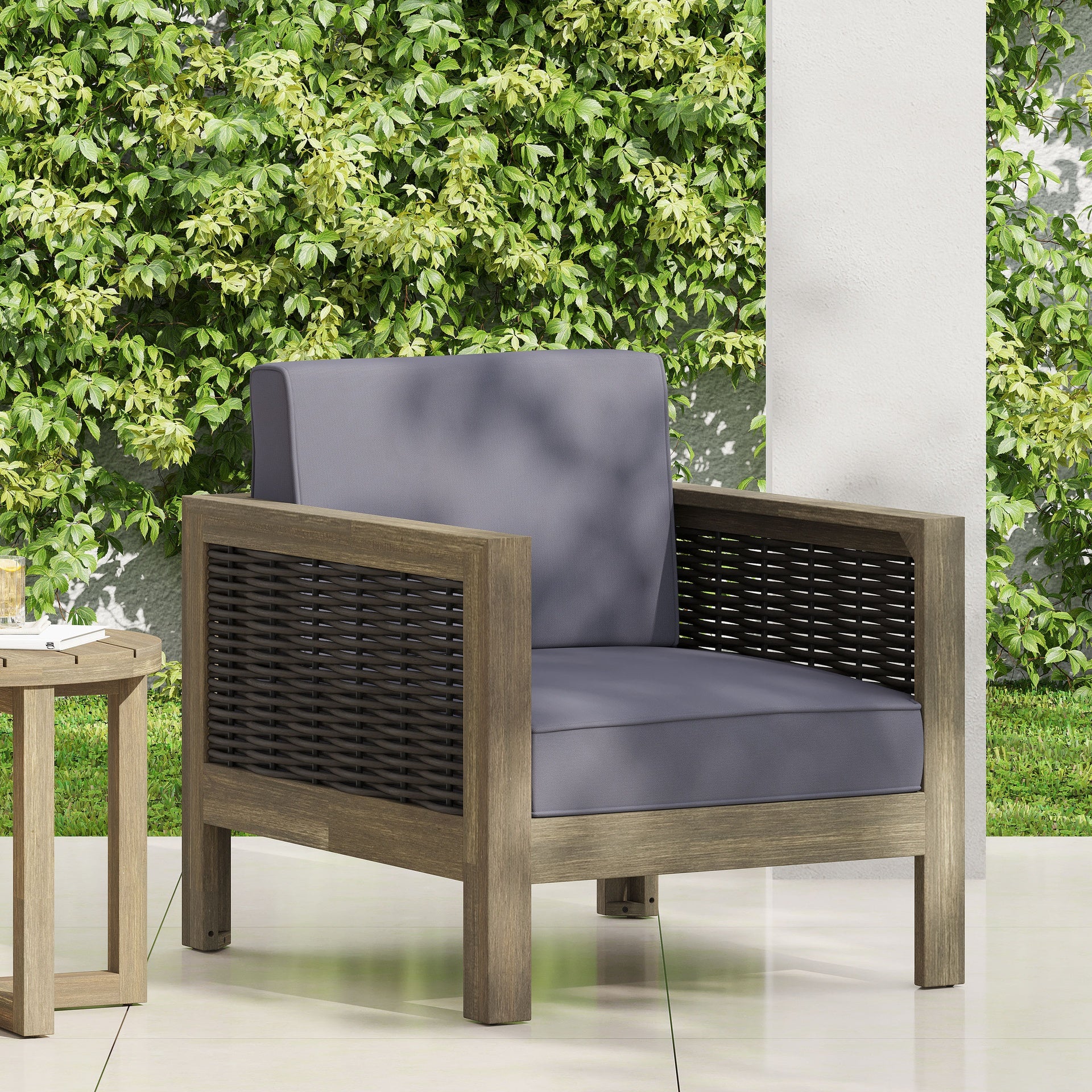 Outdoor Acacia Wood Club Chair with Wicker Accents, Gray + Mixed Gray + Brown, 30.25"D x 27.5"W x 23.75"H