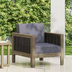 Outdoor Acacia Wood Club Chair with Wicker Accents, Gray + Mixed Gray + Brown, 30.25"D x 27.5"W x 23.75"H