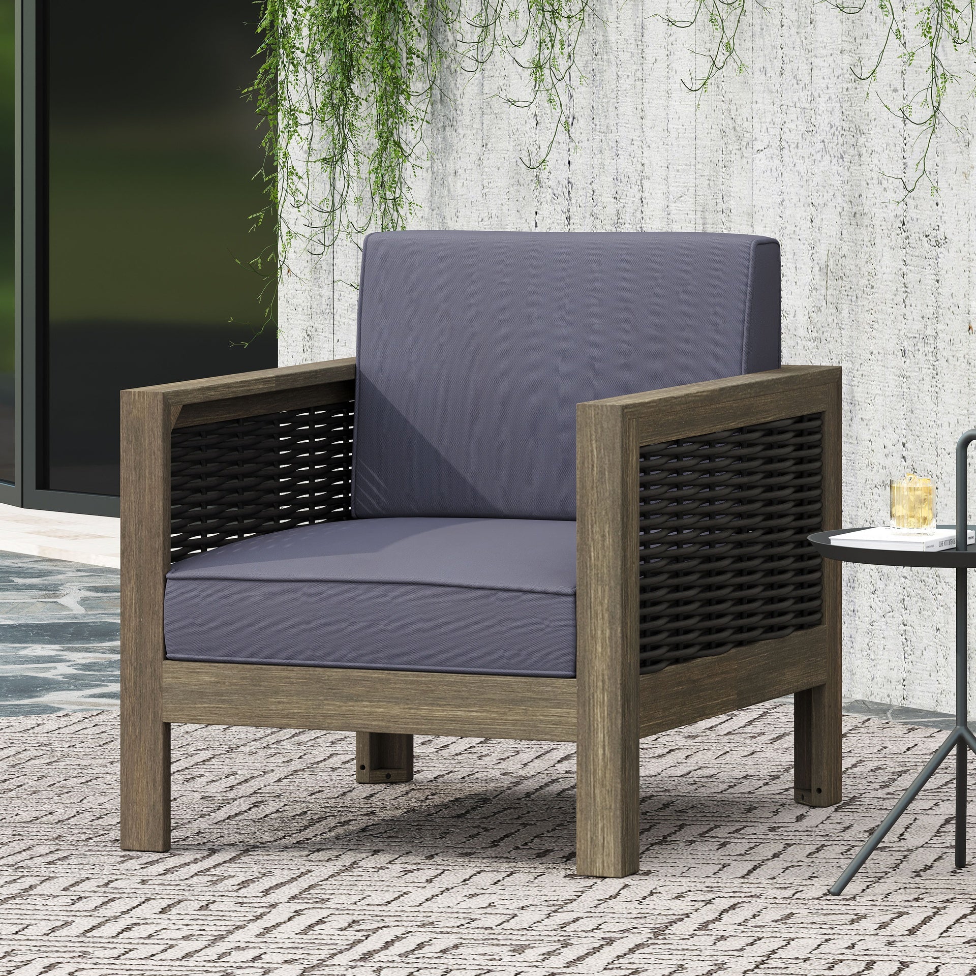 Outdoor Acacia Wood Club Chair with Wicker Accents, Gray + Mixed Gray + Brown, 30.25"D x 27.5"W x 23.75"H