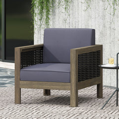 Outdoor Acacia Wood Club Chair with Wicker Accents, Gray + Mixed Gray + Brown, 30.25"D x 27.5"W x 23.75"H